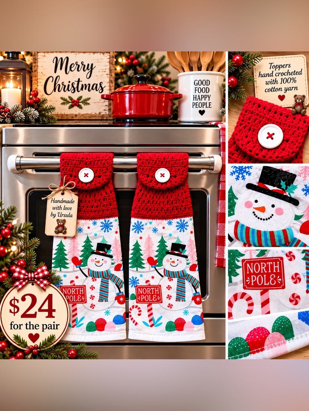 Christmas Kitchen Towels Set of 2 | Crochet Star Stitch Toppers